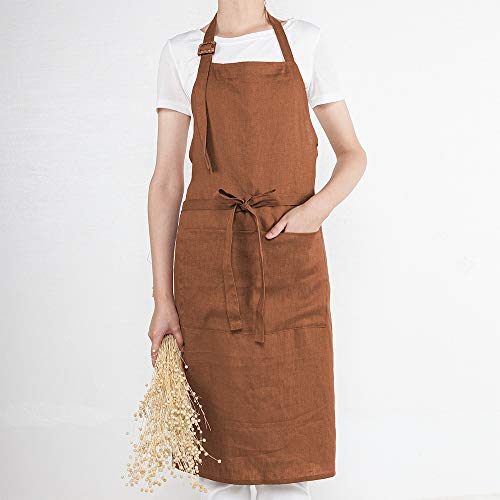 ATLINIA 100% Linen Apron for Women Men Apron for Kitchen Cooking Crafting - color: Brown