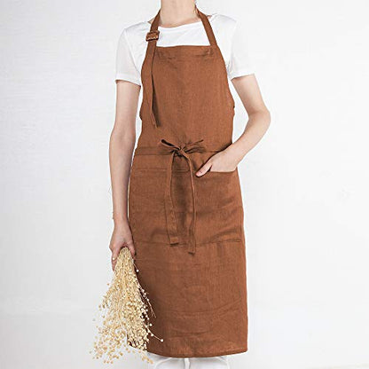ATLINIA 100% Linen Apron for Women Men Apron for Kitchen Cooking Crafting - color: Brown
