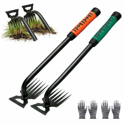 2 Pack Weeding Tools, 6-Tooth Manganese Steel Manual Weeder & Digging Tool with Ergonomic Rubber Grip, Multi-Functional Gardening Hand Tools for Removing Dandelions, Thistles & Yard Weeds