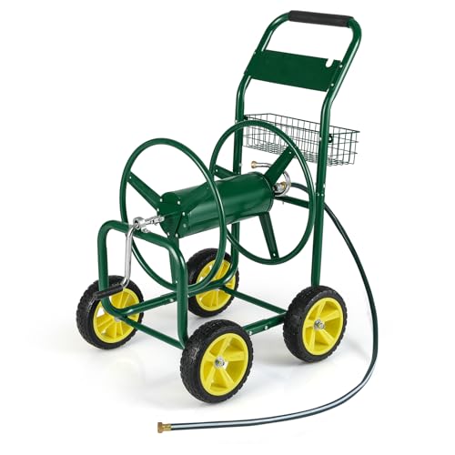 Goplus Garden Hose Reel Cart, 300 ft 5/8" or 400 ft 1/2", Heavy-Duty Metal Hose Cart w/ 4 Wheels, Storage Basket, Portable Water Hose Organizer for Yard Planting Lawn - color: Green, size: 300 FT 5/8" Hose