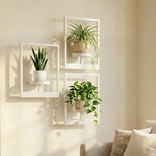 Picture Frame Wall Planters Set of 3, Modern Metal Hanging Shelves for Plants, Rustproof Wall Mount Flower Pot Holder for Indoor Outdoor, Decorative Plant Stand for Living Room Patio, White - color: White 3-Pack