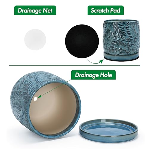 D'vine Dev Embossed Leaves Ceramic Planter, 8 in, Ocean Teal, 27-A-Q-8 - color: Ocean Teal, size: 8 Inch