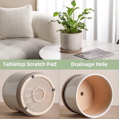 8 Inch Ceramic Planter with Drainage Hole & Bonded Saucer - color: Retro Style, Grey, size: 8 inch