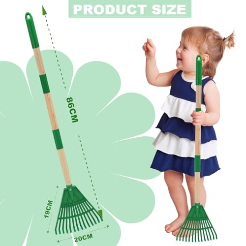 Kids Leaf Rake - 3-Section Adjustable Handle, Lightweight, Wood & Plastic, Small Garden Tool for Children (Green) - color: Green