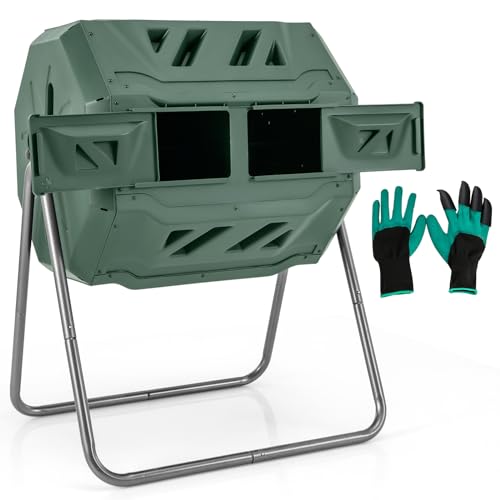 S AFSTAR Composter Tumbler Outdoor, 42-Gal Dual Chamber Tumbling Composter with 2 Sliding Doors, Metal Frame, BPA-Free Large Rotating Compost Bin Tumbler for Garden Yard Waste (Green) - color: Green