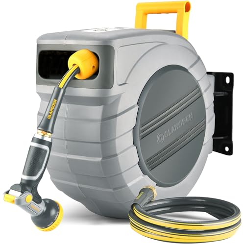 GLAHODEN 5/8 in x 115 ft Retractable Garden Hose Reel with Metal Bracket - color: Light Gray, size: 5/8" 115FT