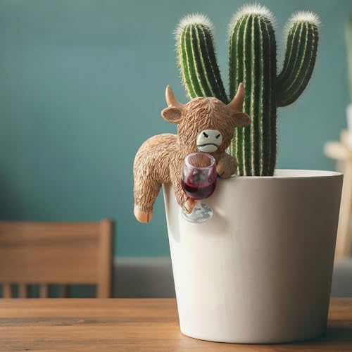 Highland Cow Statue with Red Wine Plant Pot Hugger - style: Cow Wine