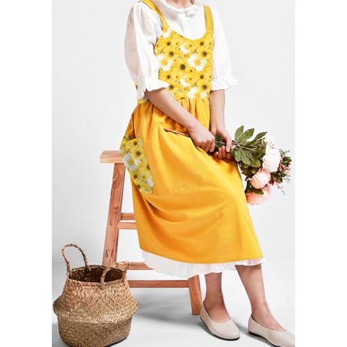 Cotton Linen Apron Cross Back Apron for Women with Pockets Pinafore Dress - color: 2 Pack-white+yellow