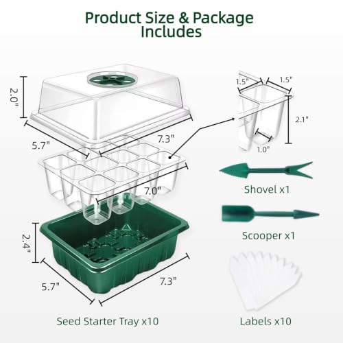 10 Pack Seed Starter Tray Seed Starter Kit (120 Cells Total Tray) with Humidity Adjustable Dome, for Seeds Growing Starting Plant Germination Trays, Mini Green House Germination Trays.