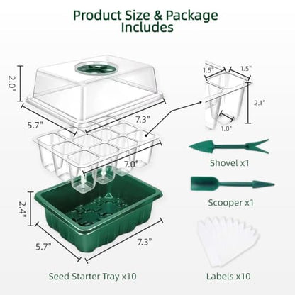10 Pack Seed Starter Tray Seed Starter Kit (120 Cells Total Tray) with Humidity Adjustable Dome, for Seeds Growing Starting Plant Germination Trays, Mini Green House Germination Trays.