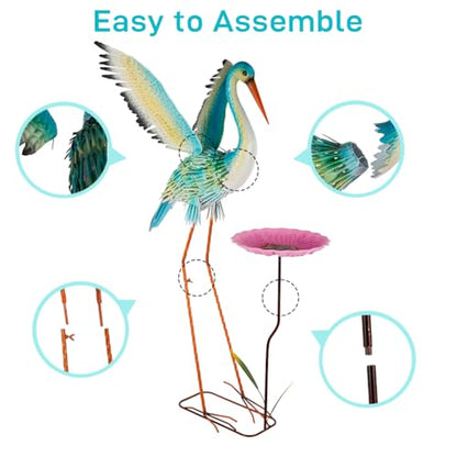 39" Large Heron Garden Statue,Crane Outdoor Statues with Leaf Tray - color: 39 Inch Green+pink With Leaf Tray
