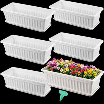 6 Pack 17 Inches Countryside Flower Box Planters, Plastic Vegetable Planters with 30 PCS Plant Labels, White Flower Window Boxes with Attached Tray for Windowsill, Patio, Garden, Balcony… - size: 6 Pack White