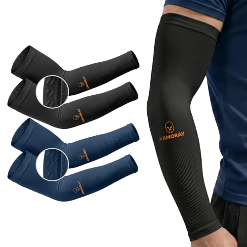 ARMORAY Arm Sleeves for Men or Women Anti Slip Basketball Golf Running Football Cycling - color: Black + Navy (2 Pair)