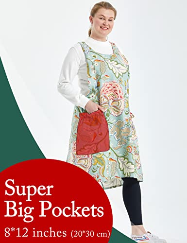 Big Plus Size Aprons for Women with Pockets Cotton Linen Baking Kitchen Cooking - color: Green Flower