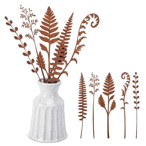 5 Pcs 14.2'' Rusty Metal Flowers and Plants, Rustic Fern Leaf Garden Stakes - color: 5pc