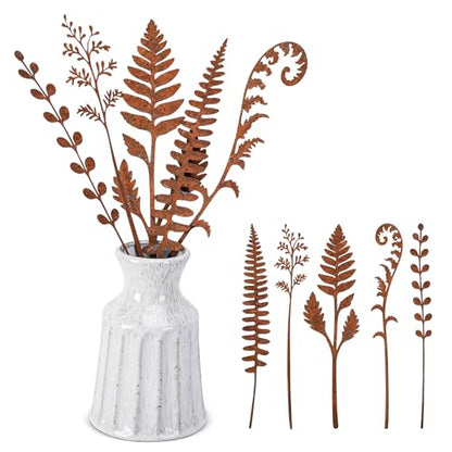 5 Pcs 14.2'' Rusty Metal Flowers and Plants, Rustic Fern Leaf Garden Stakes - color: 5pc