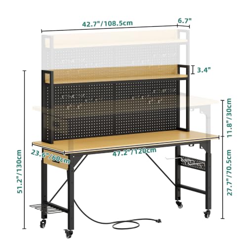 YITAHOME 48in Adjustable Workbench with Pegboard & Wheels & Outlets - size: 48" Workbench w/Pegboard