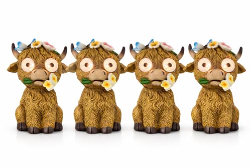 iStatue Solar Highland Cow Garden Statue with LED Light – Cute Resin Cow Figurine Outdoor Yard Decor, Waterproof Lawn Ornament, Gift for Women Mom Garden Lovers (4-Pack) - size: 4-Pack