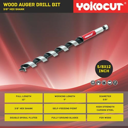 5/8" x 12" Auger Drill Bit for Wood, Hex Shank 3/8", 2-Flute, High Carbon Steel, Ship Auger Bit for Soft & Hard Wood, Plastic, Drywall, Tree Stump & Composite Materials - size: 5/8", style: Length: 12"