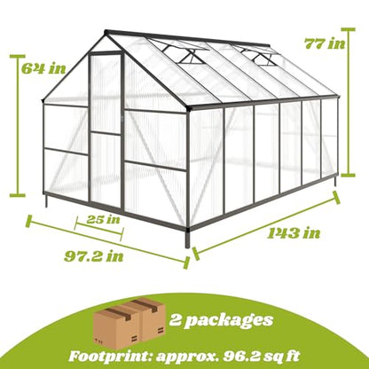 8x12 FT Outdoor Greenhouse with Roof Vent, Charcoal Black - color: Charcoal Black, size: 8×12FT