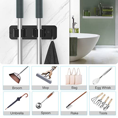homeasy Wall Mount Mop and Broom Holder, Heavy Duty Stainless Steel Organizer Rack with Hooks | 2-Pack, 2-in-1 No Drill & Screw Installation, Black - color: Black-2