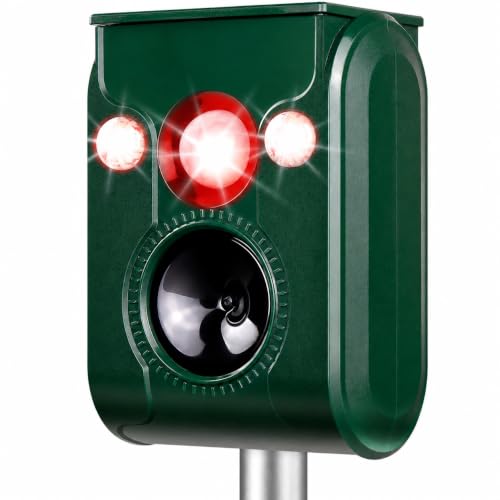 Solar Ultrasonic Animal Repellent, Deer Repellent, Cat Repellent Outdoor,Squirrels Repellent.with Motion Detection Strobe Light Siren Sound Deterrence Raccoons, Bird, Dogs, Rabbits, Skunks.