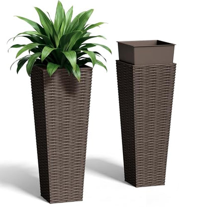 Greesum 23 Inch Tall Plastic Planters with Rattan Texture – Set of 2, Brown - color: Brown, size: 24" without Tray