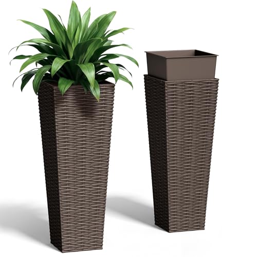 Greesum 23 Inch Tall Plastic Planters with Rattan Texture – Set of 2, Brown - color: Brown, size: 24" without Tray