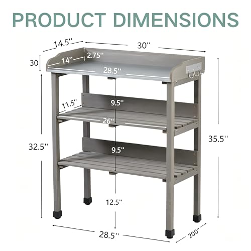 30″x14.5″×35.5″ Potting Table w/Metal Tabletop, 3 Layers Outdoor Work Bench w/Hook for Garden, Solid Wood Workstation for Garage (Grey)