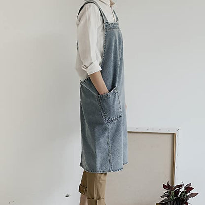 Denim Bib Apron for Women Men, Unisex Cross Back Aprons with Large Pockets - color: Style B - Light Blue