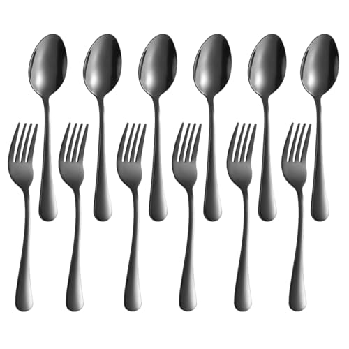 12 Pieces Spoons and Forks Set,Food Grade Stainless Steel Flatware Cutlery Set,6 Forks(6.8 inch)and 6 Spoons(6.6inch)Silverware Set for Home,Kitchen,Restaurant-Mirror Polished & Dishwasher Safe(Black) - size: 12-Piece Fork and Spoon Set