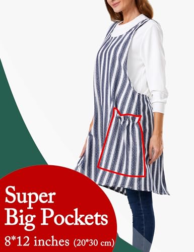 Cozy Adjustable Cross Back Aprons for Women with Pockets Cotton Linen Cooking Kitchen Baking - color: Blue Stripes