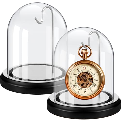 Beeveer 2 Pcs Glass Pocket Watch Display Dome 3'' x 4'' with Black Base - color: Silver Hook, size: 3" x 4", style: Dome Style