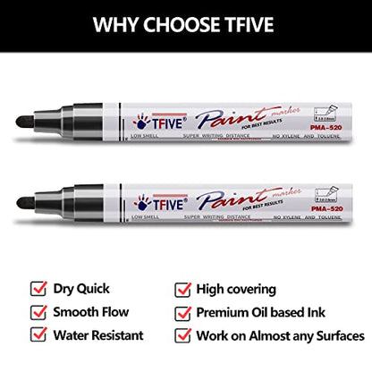 TFIVE Black Permanent Markers Paint Pens, 2 Pack Oil Based Paint Markers - color: Black