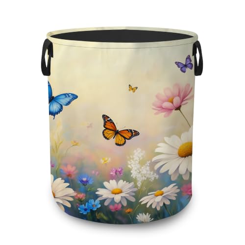 Daisy Butterfly Collapsible Laundry Hamper,Spring Flowers Waterproof Oxford Cloth Clothes Basket with Handles for Bathroom Bedroom Nursery Dorm Room,16" x 20" - color: Daisy Butterfly,Spring Flowers