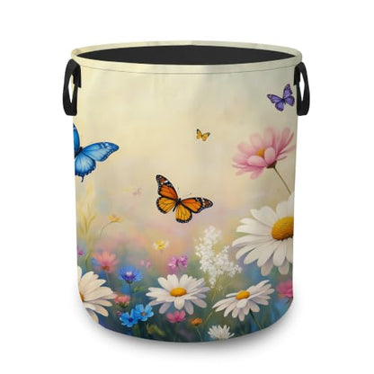 Daisy Butterfly Collapsible Laundry Hamper,Spring Flowers Waterproof Oxford Cloth Clothes Basket with Handles for Bathroom Bedroom Nursery Dorm Room,16" x 20" - color: Daisy Butterfly,Spring Flowers