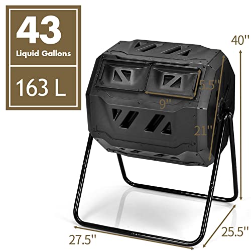 IRONMAX Outdoor Compost Tumbler, 43 Gallon (163 L) Rotating Tumbling Composter with Dual Chamber, Large Composting Bin for Frame Garden Yard Waste, Black