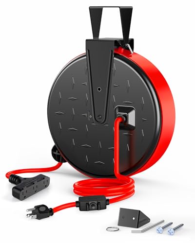 DEWENWILS Retractable Extension Cord Reel, Metal Reel with 30FT Power Cord - color: Black/Red-red Cord