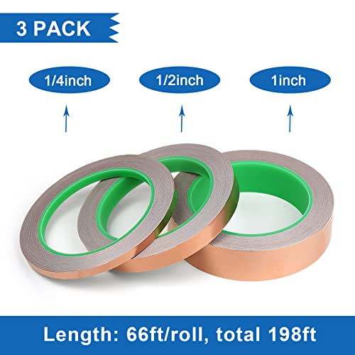BOMEI PACK Copper Foil Tape 3 Pack (1.97mil x 1inch 1/2inch 1/4inch x 66ft) with Conductive Adhesive for Electrical Repairs, Guitar, Stained Glass, Paper Circuits - size: 3 Pack, 1 Inch/1/2 Inch/1/4 Inch X 66 Ft