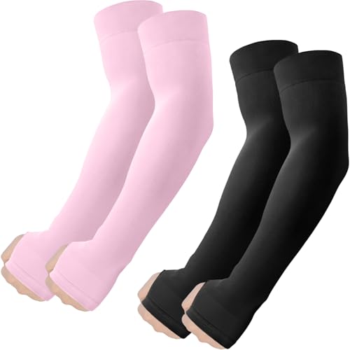 ROXUN Arm Sleeves with Thumb Hole, Cooling UV Sun Protection for Men/Women - color: 2 Pairs - Black+pink