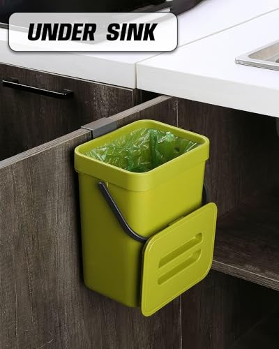 1.3 Gal Hanging Small Trash Can with Lid, Countertop Compost Bin, 5L, Green - color: GREEN, size: 5 L / 1.3 Gal - Lid