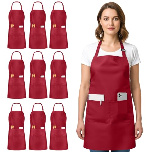Utopia Kitchen Bib Aprons 10 Pack Adjustable With 2 Pockets - color: Red