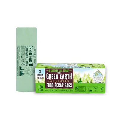 Green Earth Compostable Small Kitchen Food Scrap Trash Bags, Extra Thick 0.71 Mil, Compost Bin Compatible, 3 Gallon, 11.35 Liter, 100-Count, ASTM D6400, BPI (US) & OK Compost Home (EU) Certified - size: 100 Count (Pack of 1), style: 3 Gallon