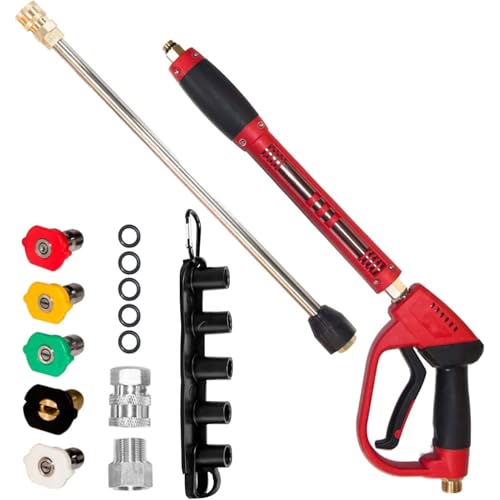 Hourleey Pressure Washer Gun, Red High Power Washer Gun with Replacement Wand Extension, 5 Nozzle Tips, M22 Fittings, 40 Inch, 5000 PSI , Not Compatible with Garden Hose - size: Gun