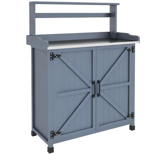 Outsunny Potting Bench, Outdoor Wooden Potting Table w/ 2 Shelves, Gray