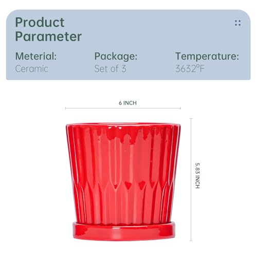 6 Inch Flower Pots for Plants, Ceramic Planter with Drainage and Saucer - color: Red