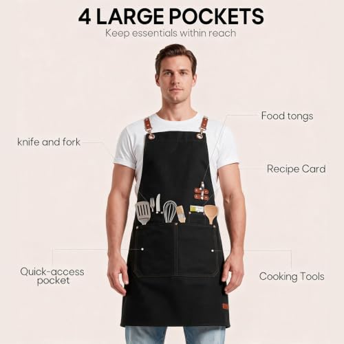 KTMOUW 2 Pack Chef Apron for Men Women with Large Pockets, Adjustable Apron - color: Black