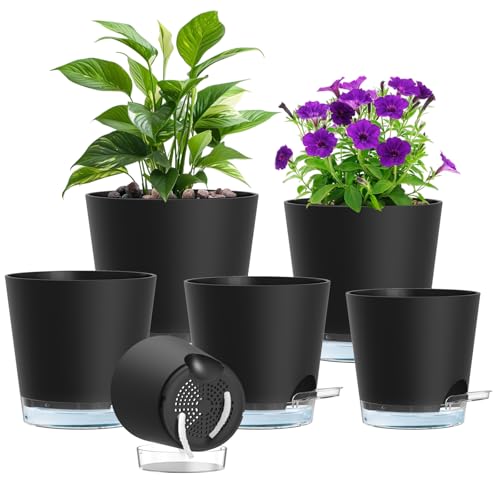 Meowell Self Watering Pots Pack of 6 – Different Size 4" to 7" Indoor Plant Pots with Drainage Holes and Clear Reservoir for Visible Water Level, Plastic Wicking Planters for House Plants, Black - color: Black, size: 7+6.5+6+5.5+5+4 in 6pcs