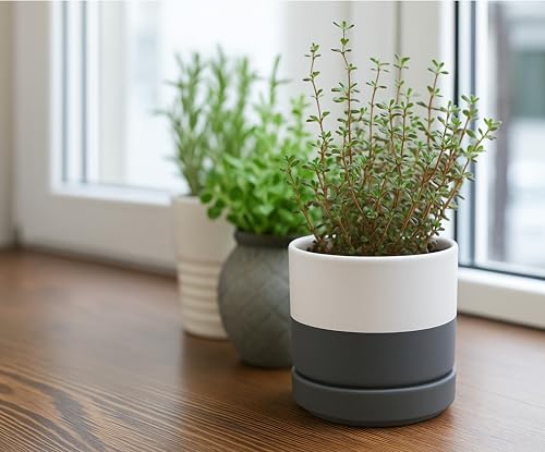 D'vine Dev 4-Pack Ceramic Pots with Saucers, White/Grey, 4.7 in, 94-X-B-6 - color: White/Speckled Grey, size: 4.7 Inch