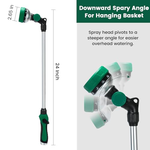 Watering Wand for Garden Hose, 24 Inch, Heavy Duty, 10 Spray Patterns, Thumb Control Hose Nozzle with 180° Pivoting Head, Ideal for Hanging Baskets, Plants and Shrubs - color: Green